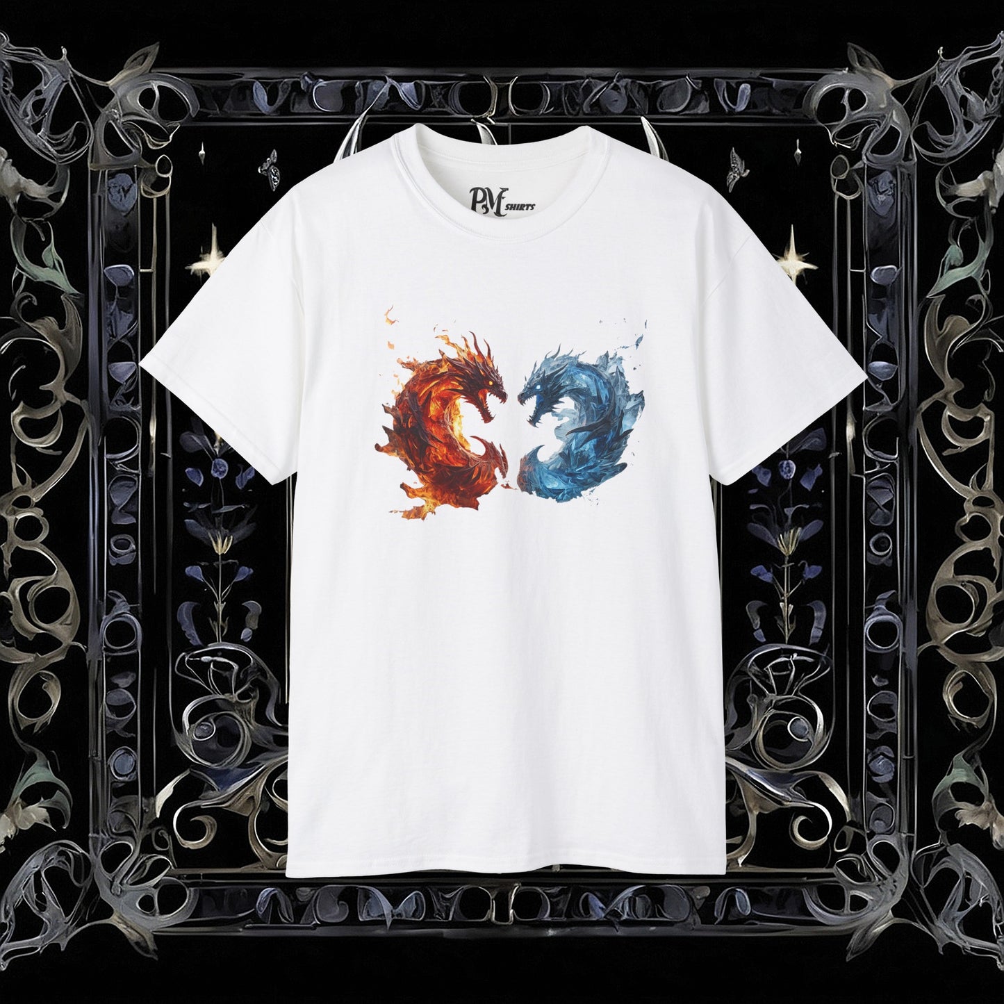 Gothic Fire and Ice Dragons Graphic T-shirt | Dark Fantasy Tee (Gildan 2000)