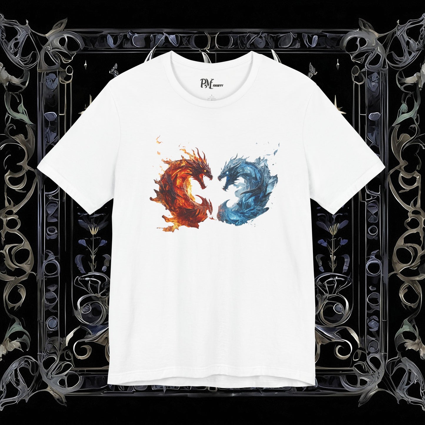 Gothic Fire and Ice Dragons Graphic T-shirt | Dark Fantasy Tee (Bella Canvas 3001)