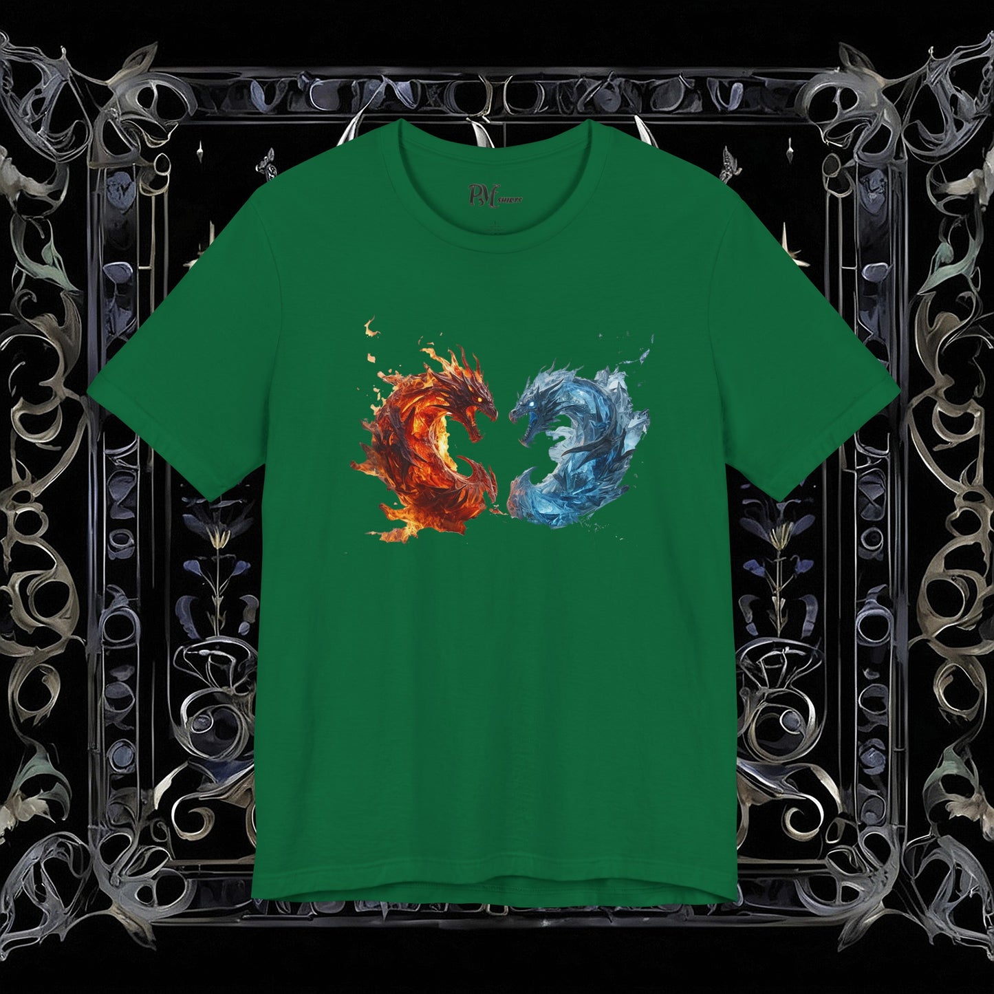 Gothic Fire and Ice Dragons Graphic T-shirt | Dark Fantasy Tee (Bella Canvas 3001)