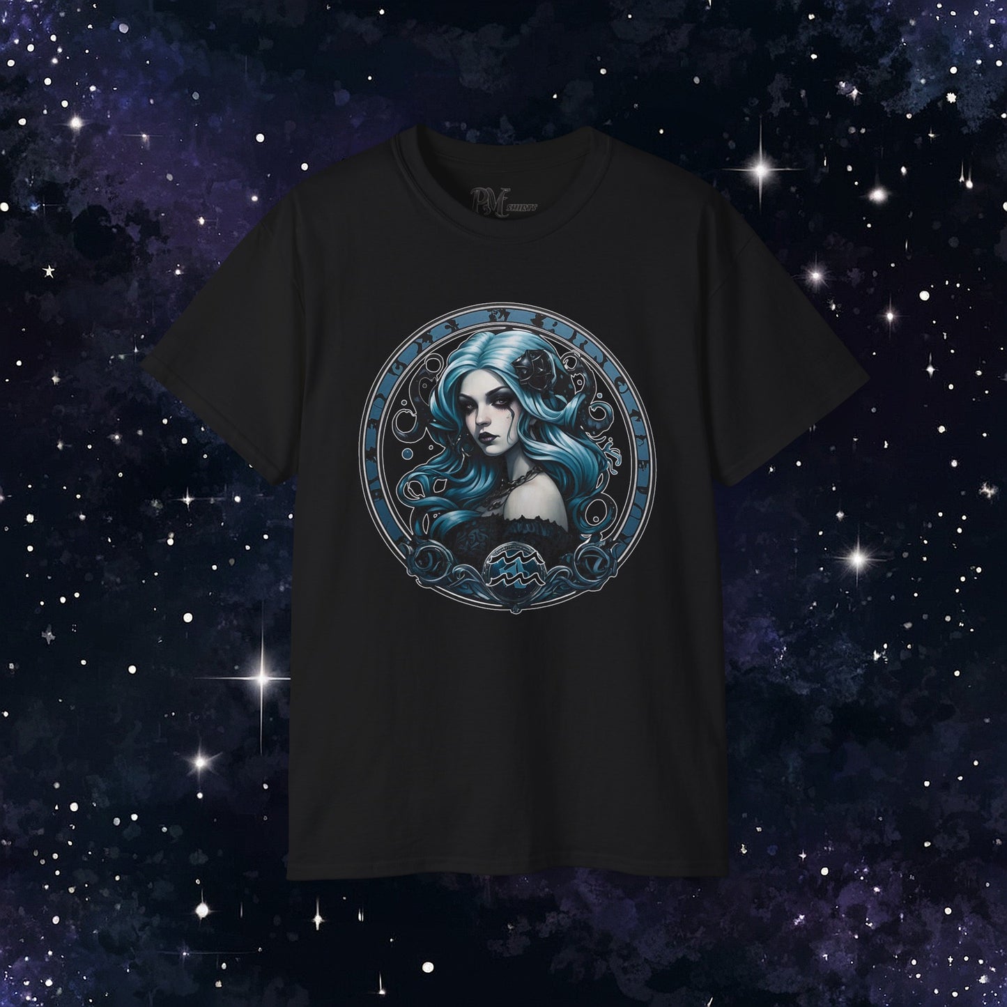 Gothic Aquarius Zodiac T-Shirt: Dark Style Graphic Tee (Gildan 2000)