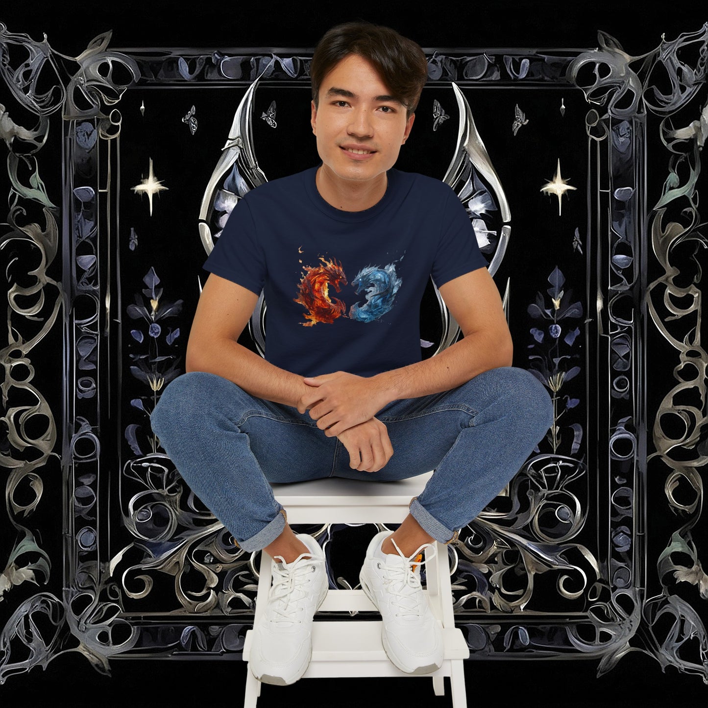 Gothic Fire and Ice Dragons Graphic T-shirt | Dark Fantasy Tee (Gildan 2000)