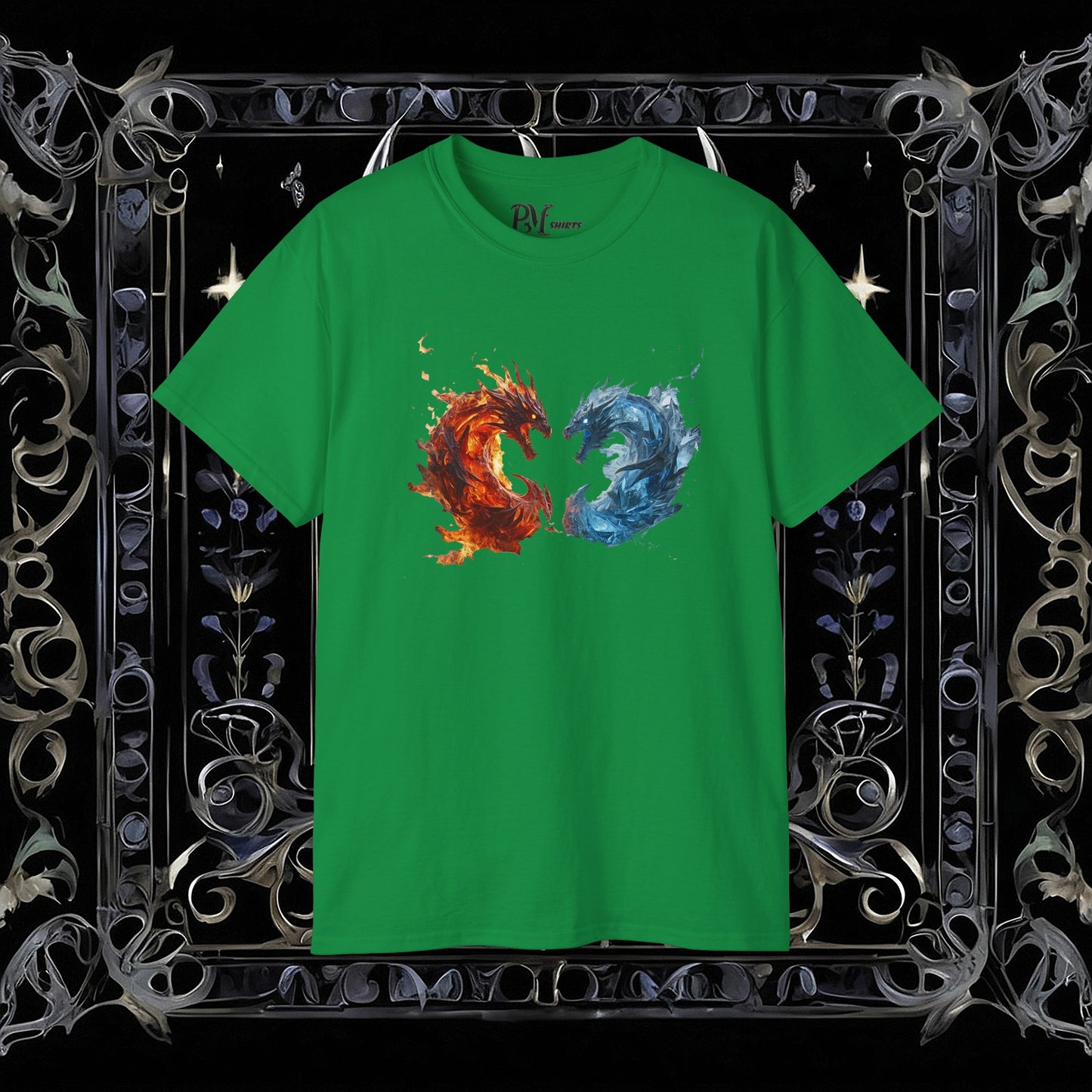 Gothic Fire and Ice Dragons Graphic T-shirt | Dark Fantasy Tee (Gildan 2000)