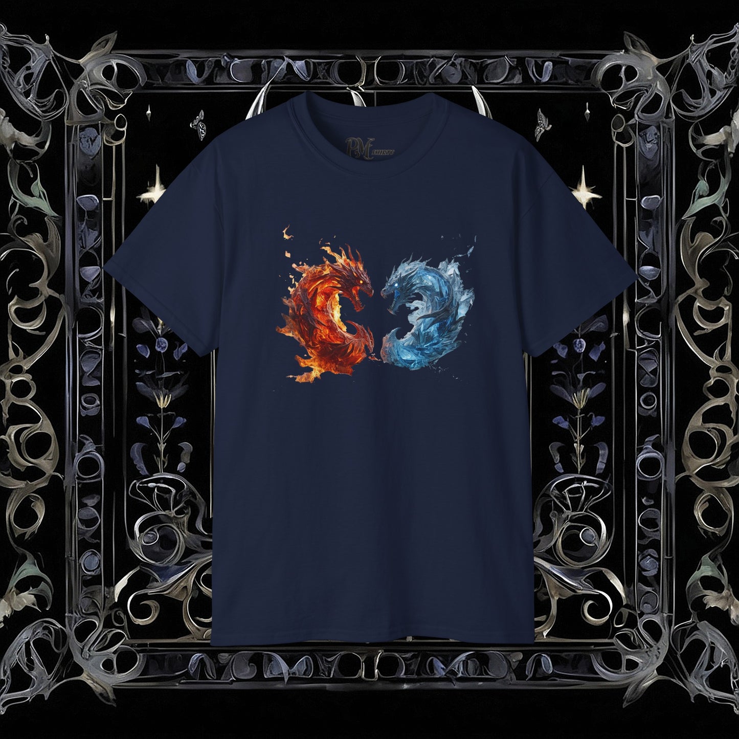 Gothic Fire and Ice Dragons Graphic T-shirt | Dark Fantasy Tee (Gildan 2000)
