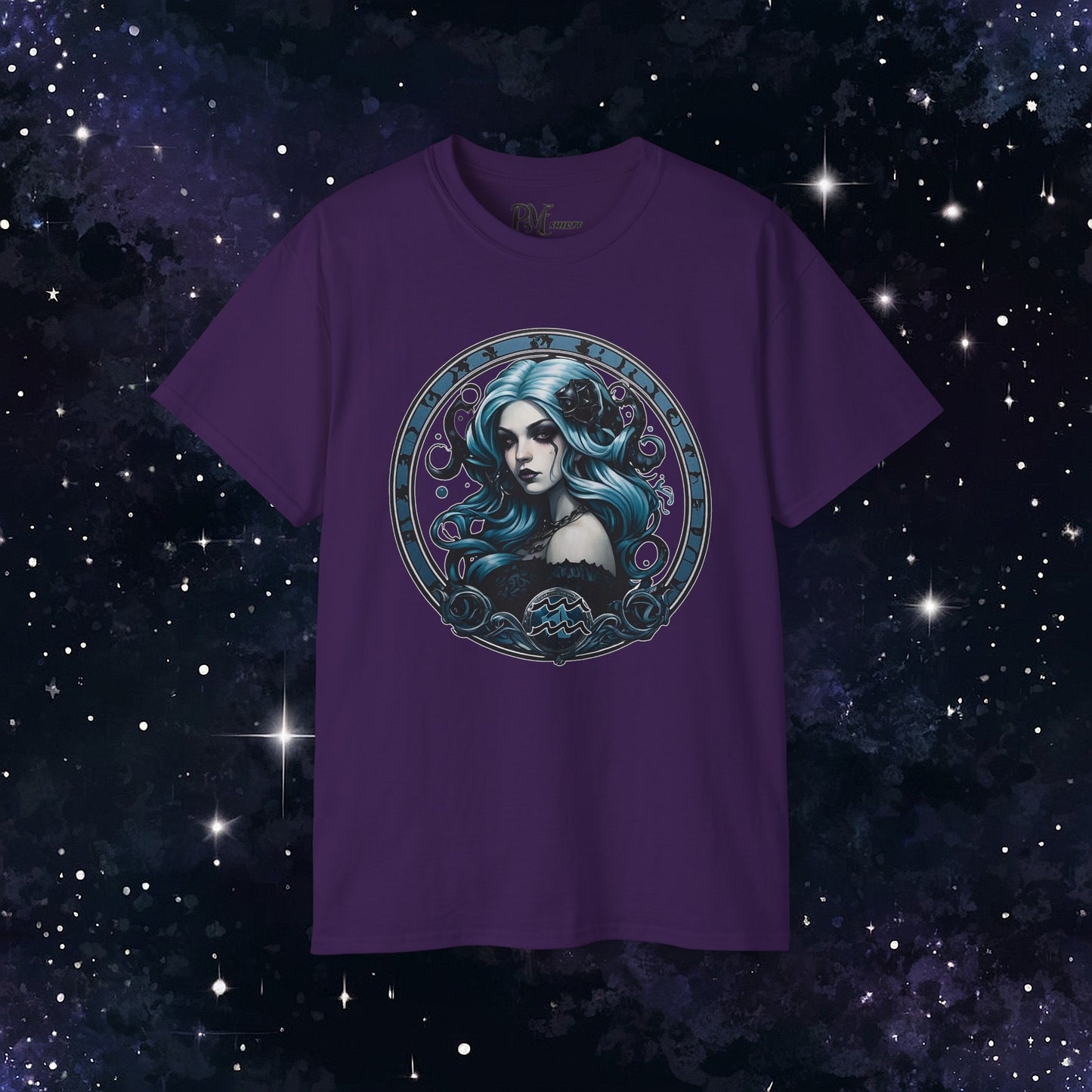 Gothic Aquarius Zodiac T-Shirt: Dark Style Graphic Tee (Gildan 2000)