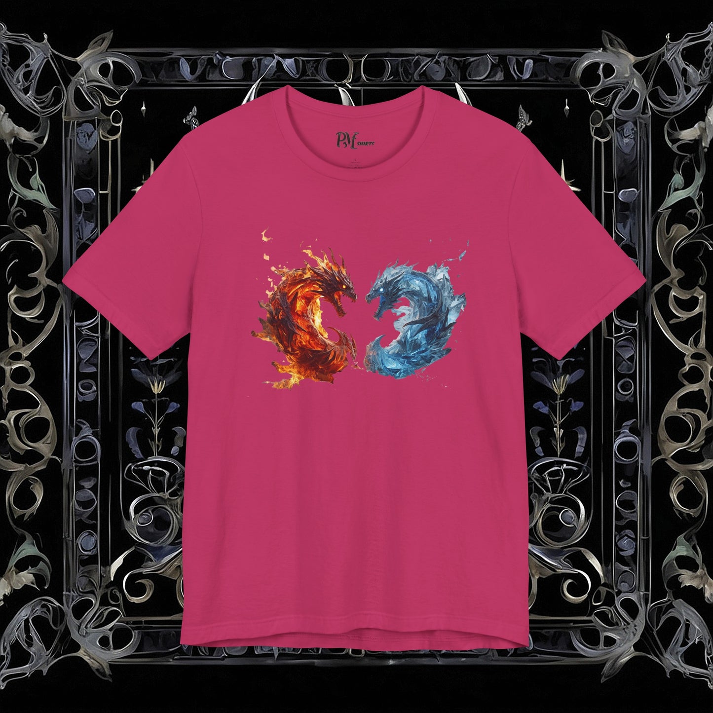 Gothic Fire and Ice Dragons Graphic T-shirt | Dark Fantasy Tee (Bella Canvas 3001)