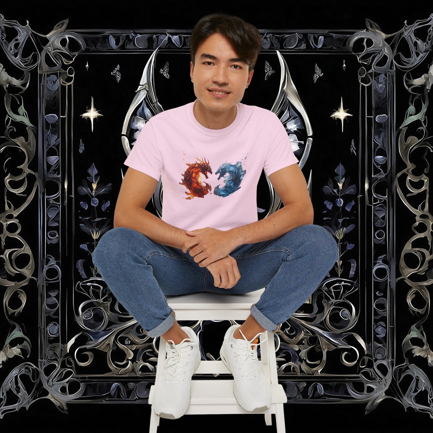 Gothic Fire and Ice Dragons Graphic T-shirt | Dark Fantasy Tee (Gildan 2000)
