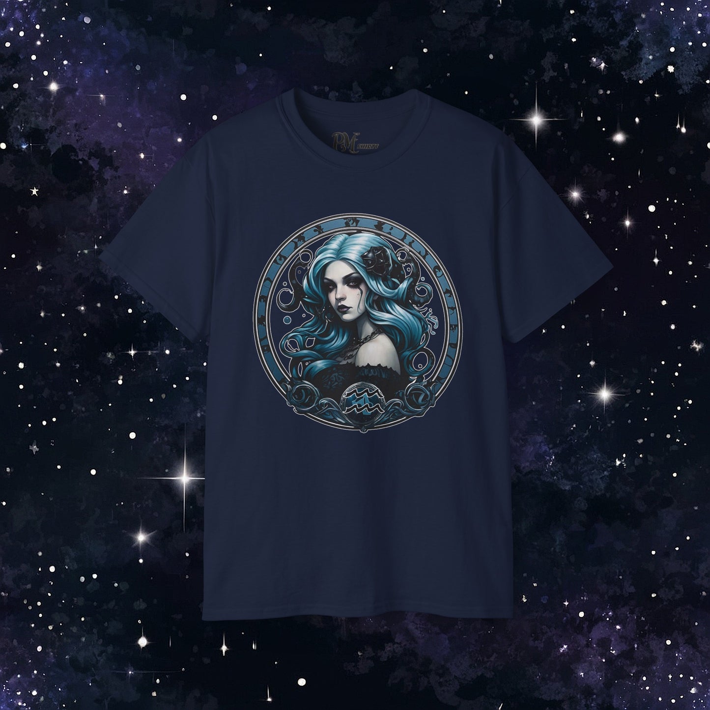 Gothic Aquarius Zodiac T-Shirt: Dark Style Graphic Tee (Gildan 2000)
