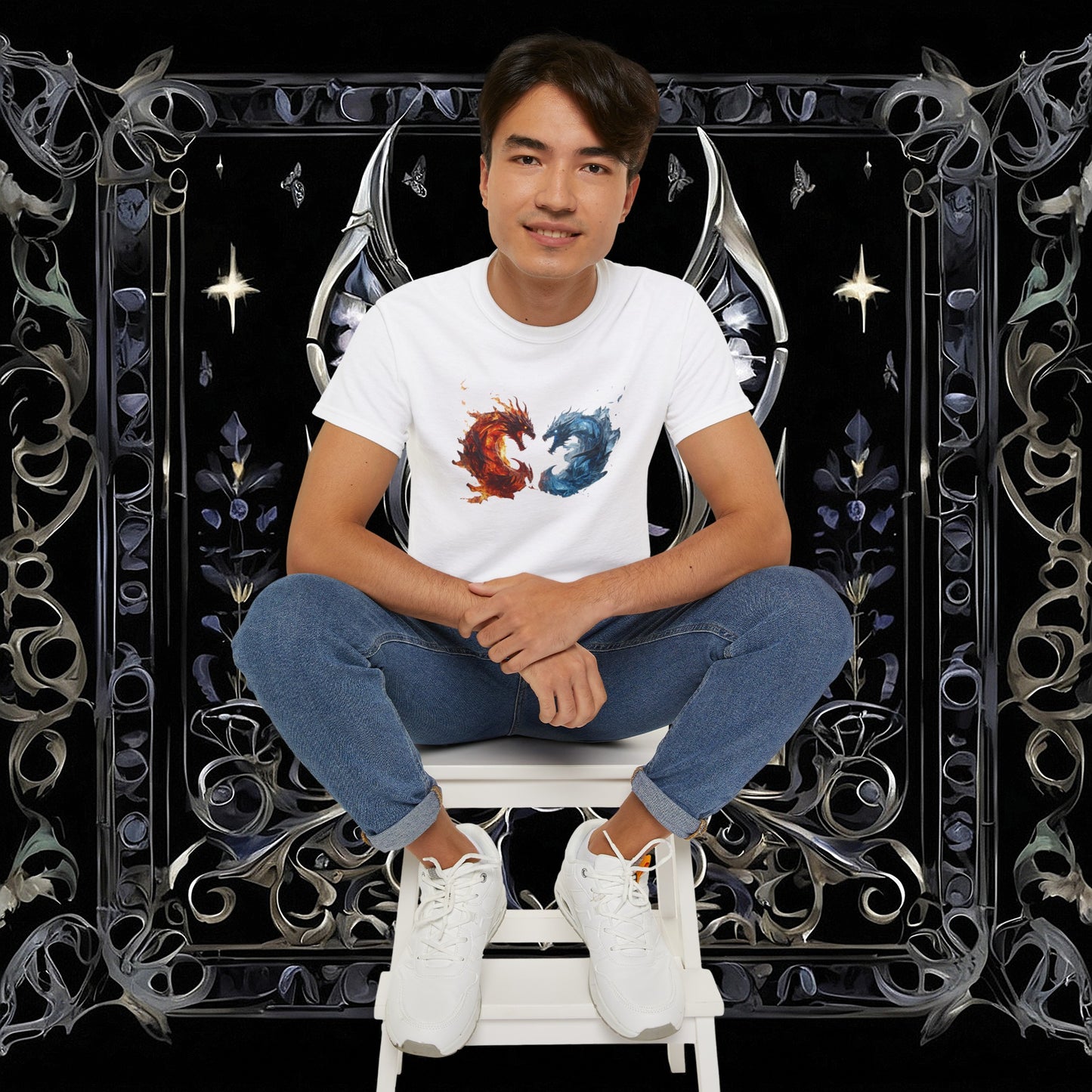 Gothic Fire and Ice Dragons Graphic T-shirt | Dark Fantasy Tee (Gildan 2000)