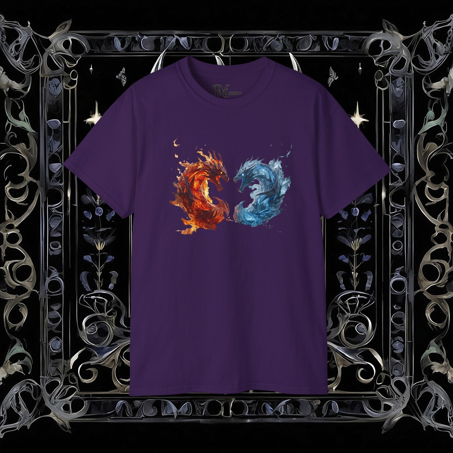 Gothic Fire and Ice Dragons Graphic T-shirt | Dark Fantasy Tee (Gildan 2000)