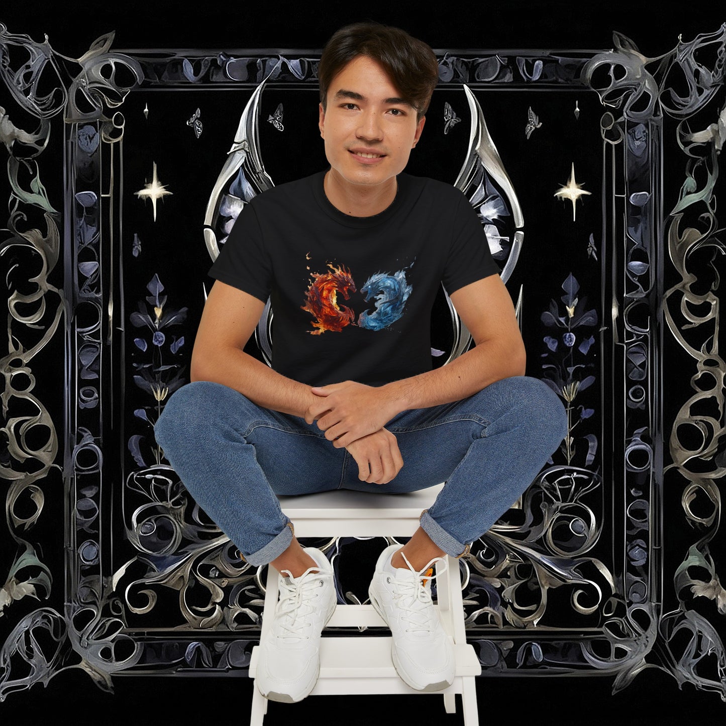 Gothic Fire and Ice Dragons Graphic T-shirt | Dark Fantasy Tee (Gildan 2000)