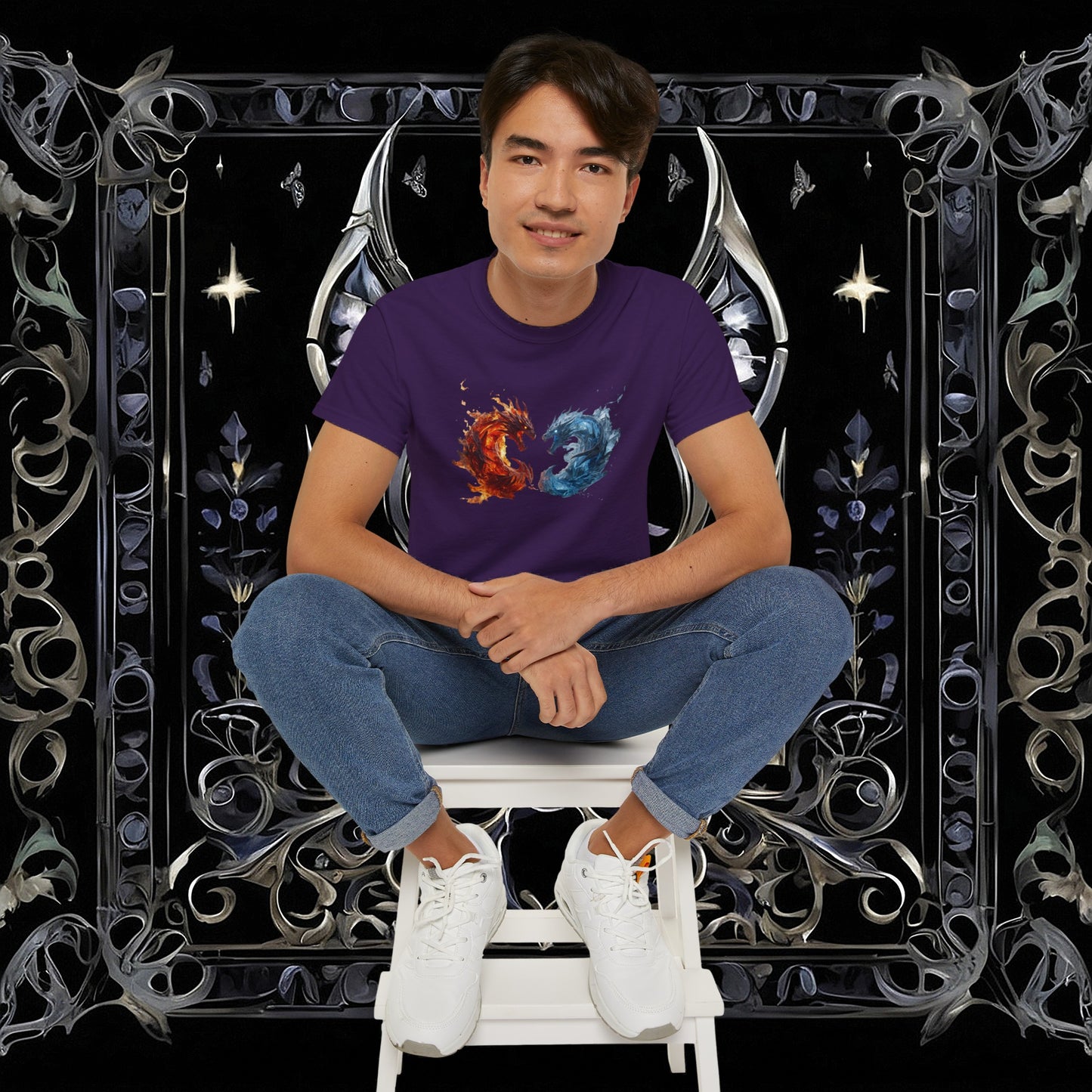 Gothic Fire and Ice Dragons Graphic T-shirt | Dark Fantasy Tee (Gildan 2000)
