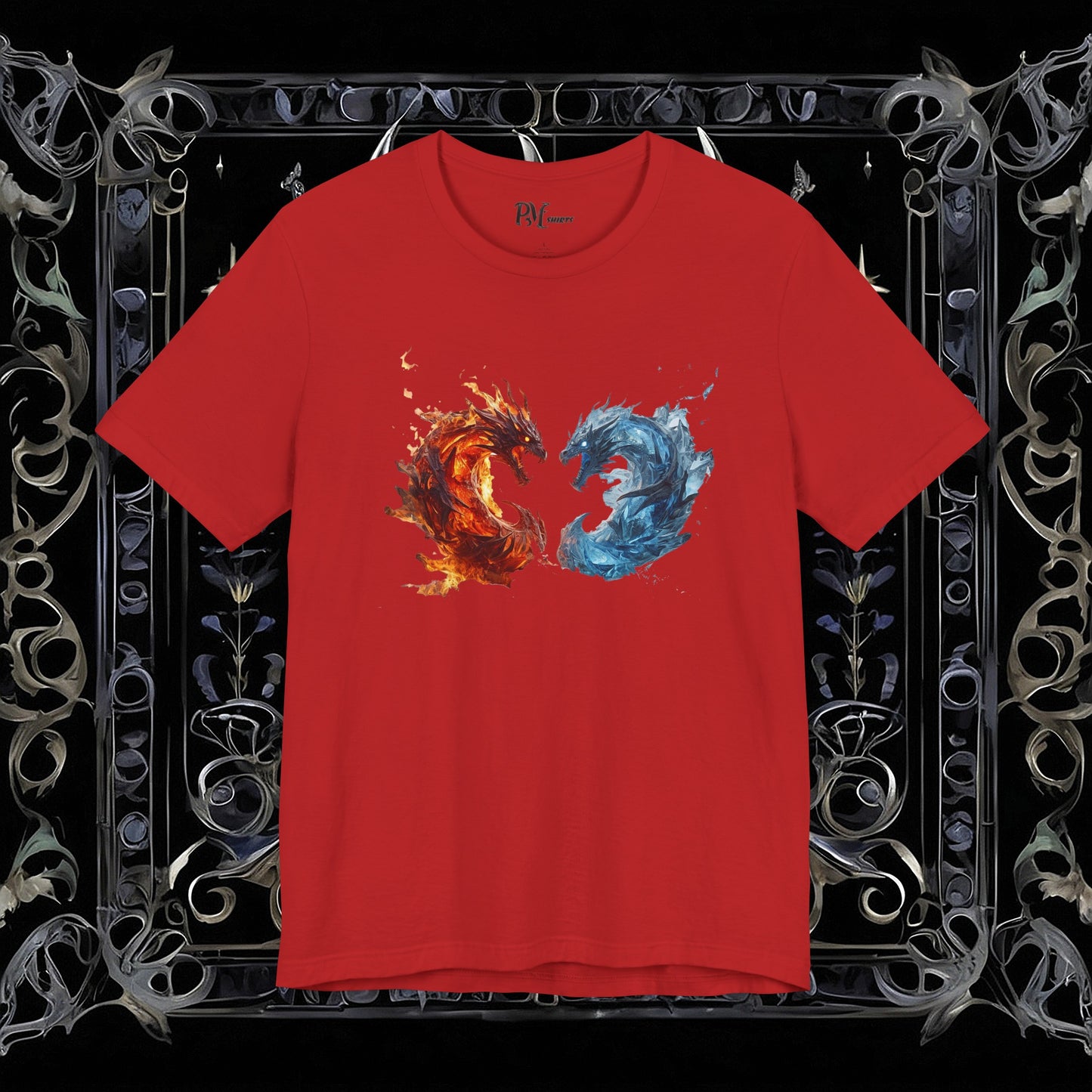 Gothic Fire and Ice Dragons Graphic T-shirt | Dark Fantasy Tee (Bella Canvas 3001)