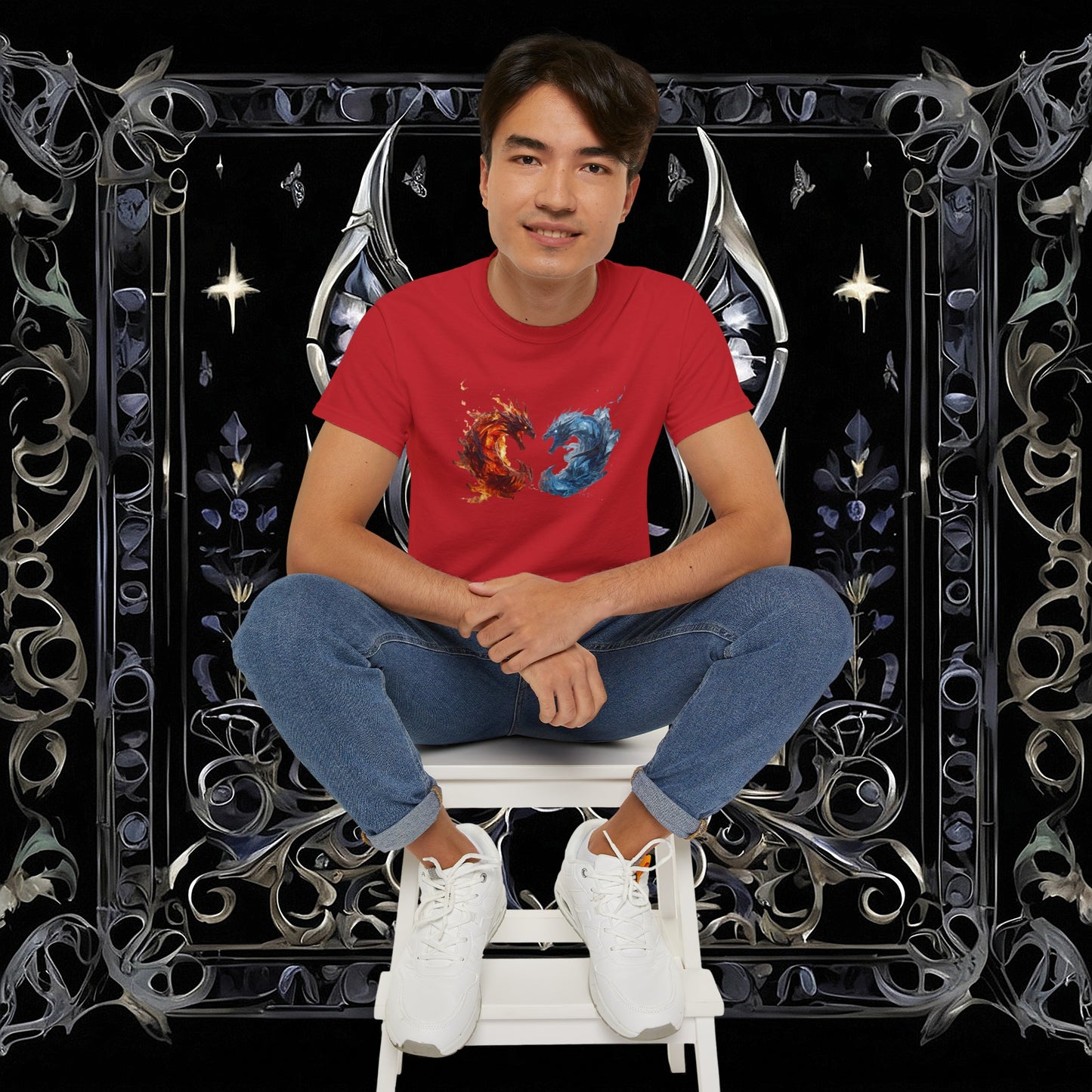 Gothic Fire and Ice Dragons Graphic T-shirt | Dark Fantasy Tee (Gildan 2000)