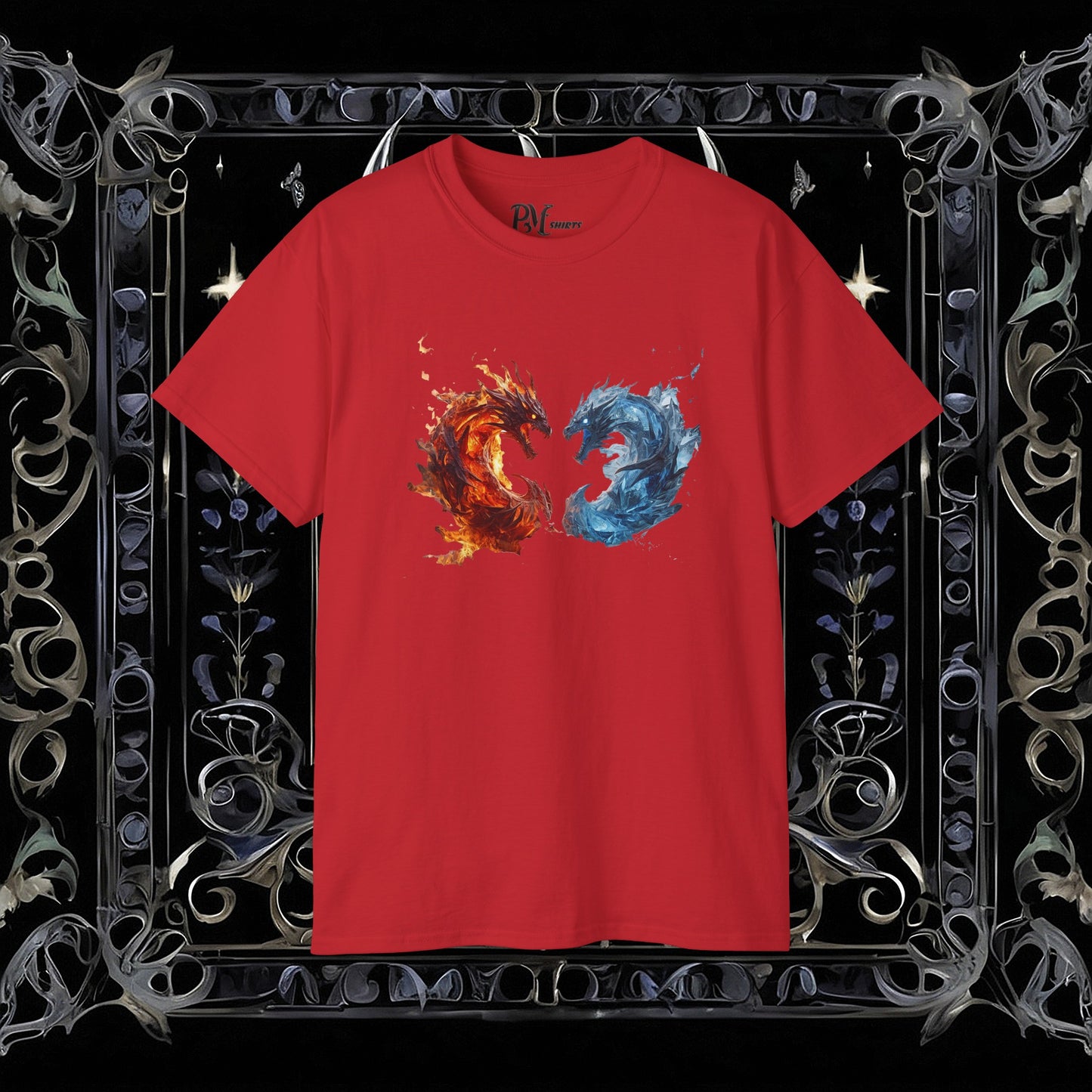 Gothic Fire and Ice Dragons Graphic T-shirt | Dark Fantasy Tee (Gildan 2000)