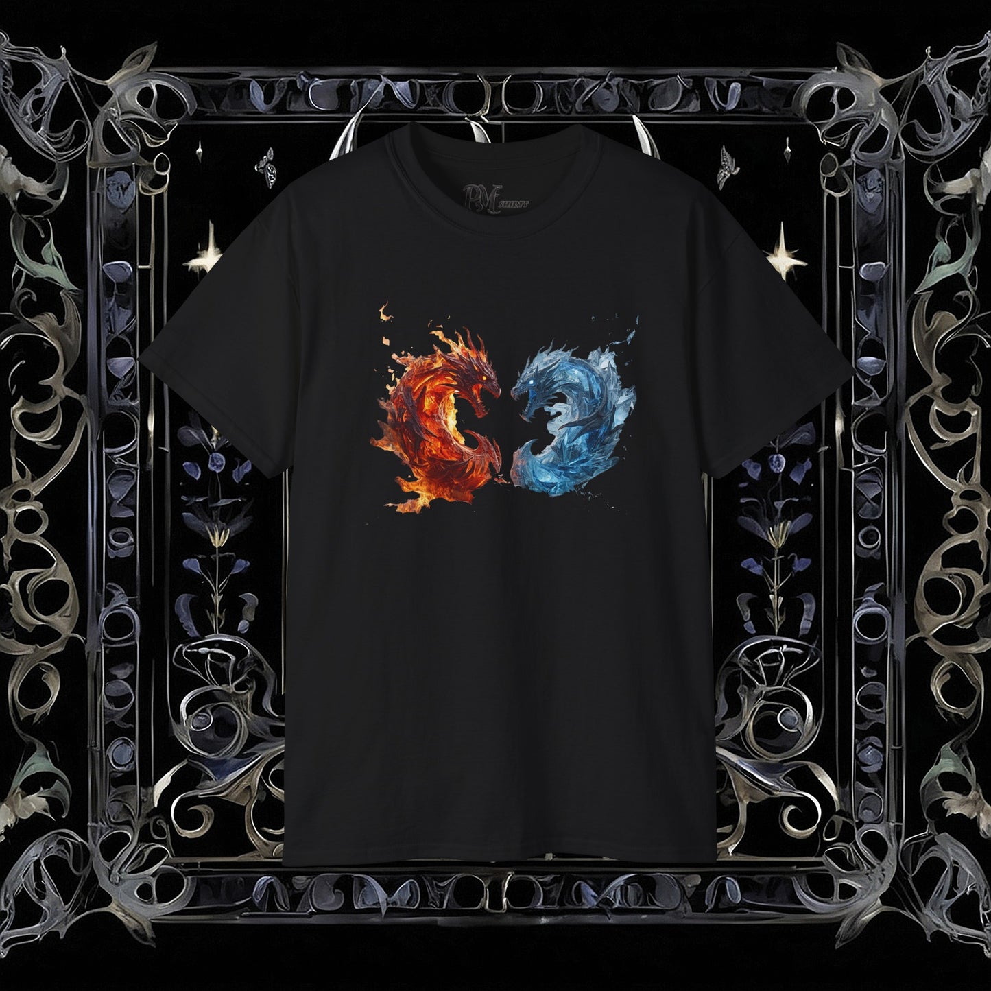 Gothic Fire and Ice Dragons Graphic T-shirt | Dark Fantasy Tee (Gildan 2000)