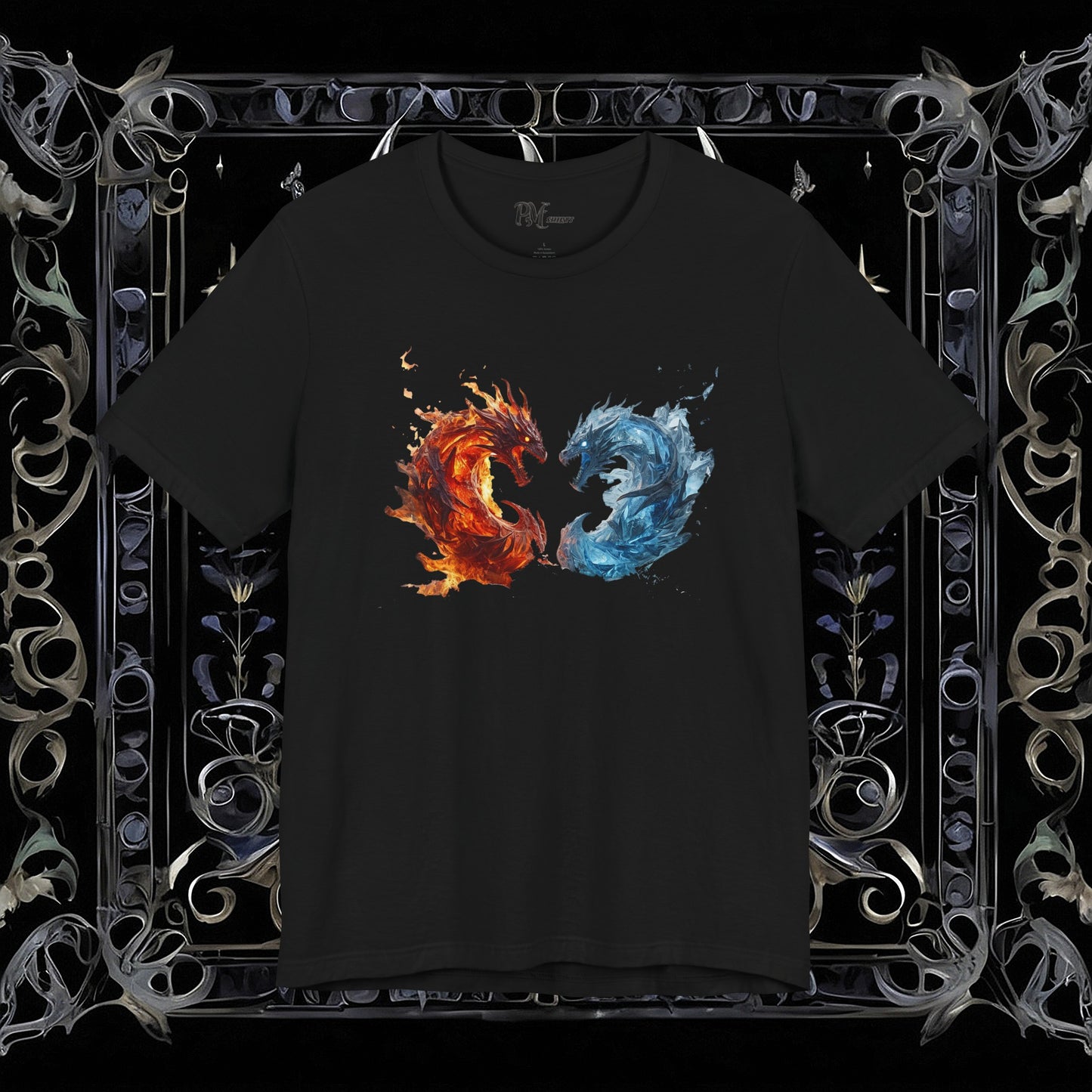 Gothic Fire and Ice Dragons Graphic T-shirt | Dark Fantasy Tee (Bella Canvas 3001)