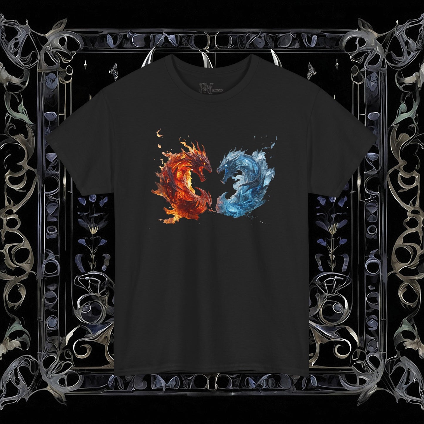 Gothic Fire and Ice Dragons Graphic T-shirt | Dark Fantasy Tee