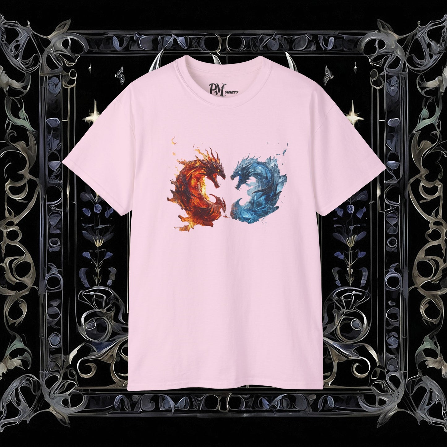 Gothic Fire and Ice Dragons Graphic T-shirt | Dark Fantasy Tee (Gildan 2000)